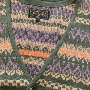 BEAMS+ Made in Japan Jacquard Green Fair Isle Patterned V-Neck Cardigan Sweater